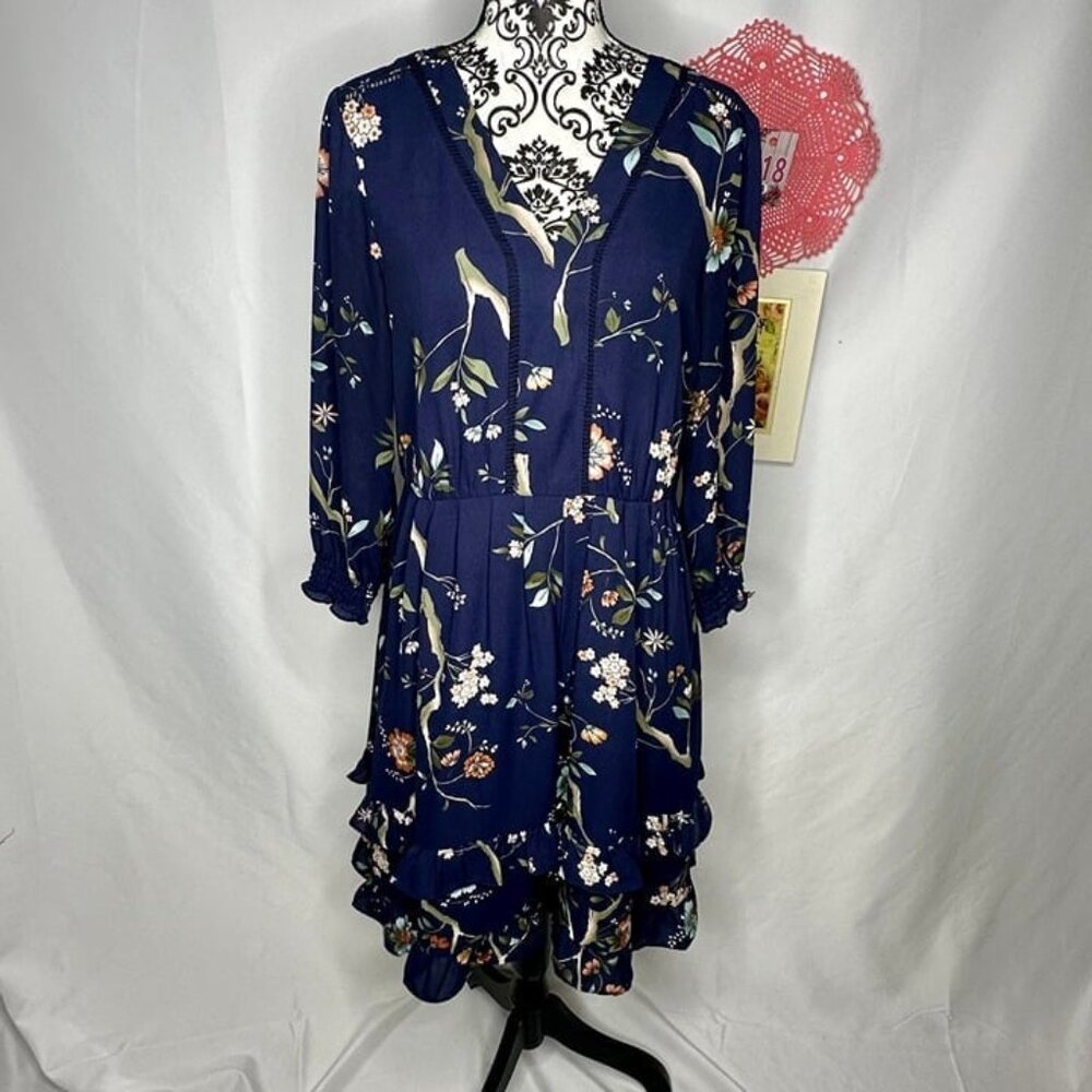 Nanette Lepore Navy Floral-Print Ruffled-Skirt Dress Size 10 - Picture 3 of 12